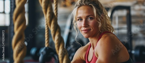 Joyful happy healthy and fit blond woman sitting gym floor lean functional training fitness equipment relax near battle ropes after productive good training session workout smiling pleased