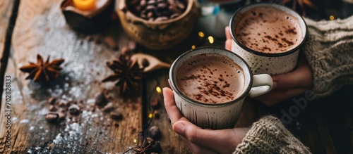 Hot handmade ceremonial cacao in white cups Woman hands giving craft cocoa top view on wooden table Organic healthy chocolate drink prepared from beans foam Giving cup on ceremony cozy atmosphe