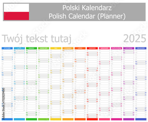 2025 Polish Planner Calendar with Vertical Months on white background