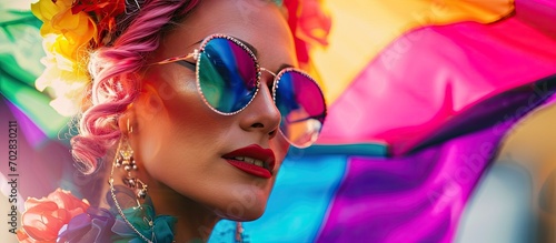 Happy drag queen celebrating gay pride holding banner with rainbow flag symbol of LGBTQ community Focus on banner. with copy space image. Place for adding text or design