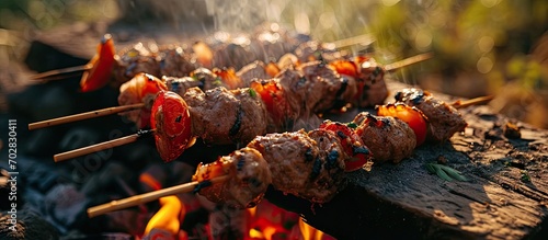 Lots of juicy meat pieces of grilled kebabs String the pieces of meat on a metal skewer on the grill The process of cooking kebabs with a lot of smoke Cooking in nature. with copy space image