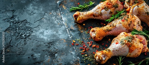 Marinated raw chicken drumsticks ready to roast. with copy space image. Place for adding text or design