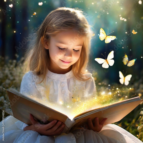 Dziewczynka siedząca z otwartą książką. Nad książką magiczne światło i motyle. Magia wyobraźni, wpływ czytania książek na wyobraźnię dziecka