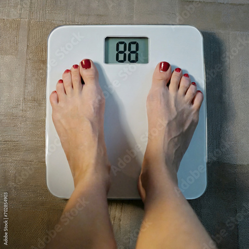 Kobieta stojąca na wadze. Na wyświetlaczu widoczna waga kobiety. Kontrola wagi, odchudzanie