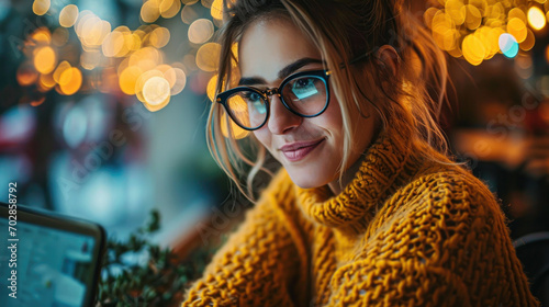 young beautiful caucasian woman wearing yellow sweater and eyeglasses using silver laptop in cafe
