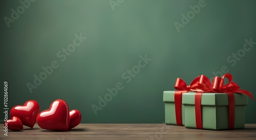 Tabla de madera con regalos y corazones en un fondo verde