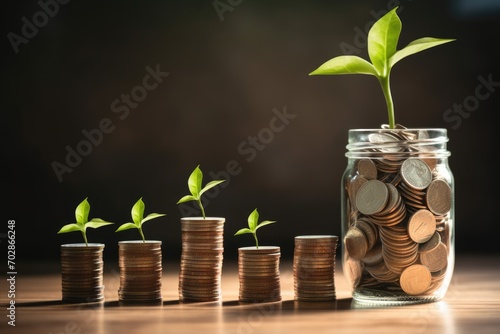 save money for investment concept plant growing out of coins on wooden table, concept of interest rates and dividends ,investment growth percentage and interest on deposits, AI Generated