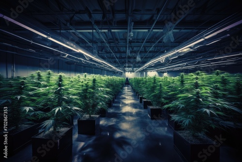 Rows of marijuana plants growing in a greenhouse with neon lights, AI Generated