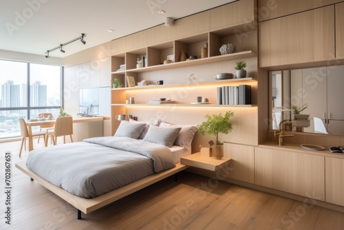 interior of modern bedroom with wooden bed and coffee table, nobody inside, Condo one bed muji cozy style, AI Generated