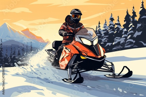 people riding on snowmobile in nature in winter. Extreme sports hobby and transport.