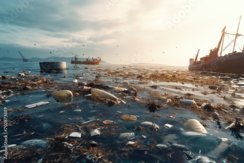 Pile of garbage on the beach. Pollution environment concept, Concept of environmental pollution, Pile of garbage and waste in the sea, AI Generated