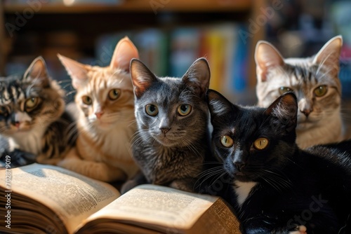 A group of cats as mystery novelists in a cozy book café
