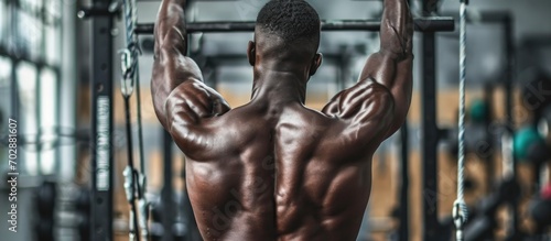 Muscular man showcases back muscles with pull-ups in the gym.