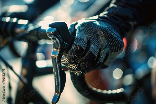Detailed view of a cyclist's gear shifters during a race, focusing on the mechanism and fingers