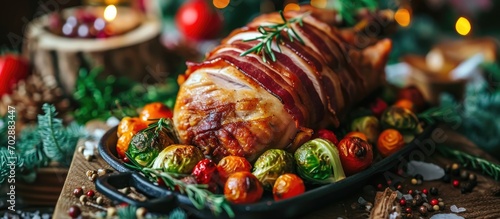 Tasty bacon-wrapped turkey with Brussels sprouts, tomatoes, and carrots.