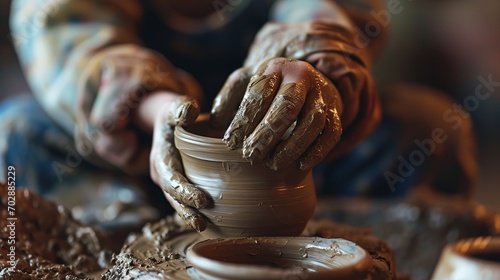 Generative AI, kid hands with clay making of a ceramic pot in the pottery workshop studio, hobby and leisure concept 