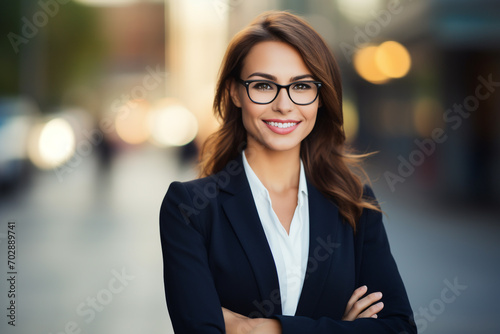 Young pretty smiling professional businesswoman standing up outdoors on the street. Positive confident young female entrepreneur. Wearing glasses. Generative AI.