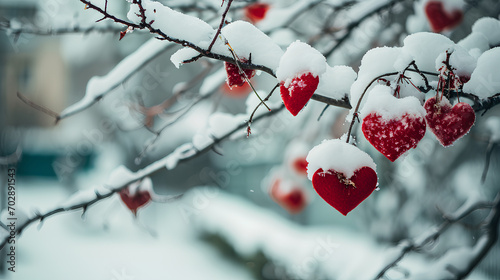 Red hearts on snowy tree branches in winter. Holidays happy Valentine's Day. Love concept, Valentine's day concept,