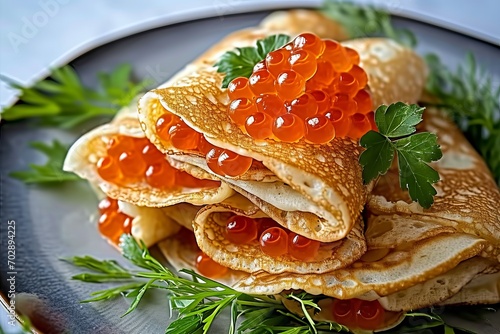 Thin pancakes with red caviar wrapped in it, traditional russian food for Maslenitsa holiday