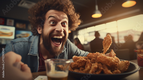 A woman noshing on a takeaway fried chicken wing from a fast food joint with a close-up of her maw and pearly whites.