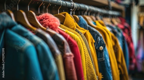 a rack of clothes in a store with a variety of jackets and sweaters hanging on a rack with a red pom - pom - pom.