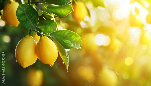 Lemon tree with ripe fresh yellow lemons and dew drops on blurred citrus fruit farm agriculture background,closeup, design copy space for text.NON GMO and Organic Products concept.