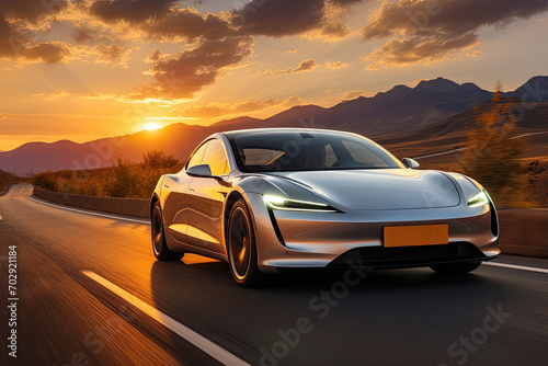 Futuristic electric car on highway sunset. Very fast driving. Electric car moving on autumn road. Fall scene. Vacation concept background.