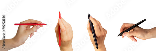 Hand holding red pen, digital stylus black pencil, drawing, top and side view, isolated on white