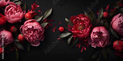 Flower frame with red and pink peonies on the dark background. Visual concept for greeting card, invitation or romantic event, flatlay banner with space for text