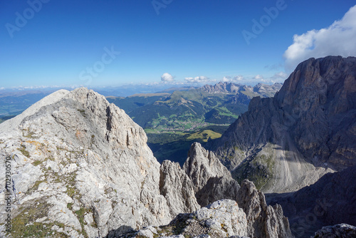 Amazing view into wild and rough steep mountains at Sassolungo and Sassopiatto peak Langkofel and Plattkofel at Gardena Valley, South Tyrol, Italy