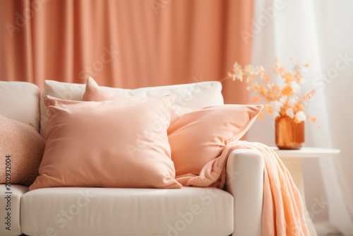 Pillow in trendy color Peach Fuzz. Background with selective focus and copy space
