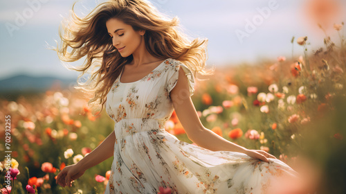 Beautiful woman in summer dress enjoys life in beautiful flower field