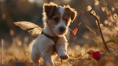  a small white and brown dog standing on top of a grass covered field next to a red and white flower.