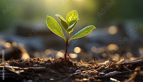 a leaf emerging from soil with the sun shining behind, in the style of environmental awareness, navy and green, grandiloquent landscapes, group material, precisionism influence, 32k uhd.