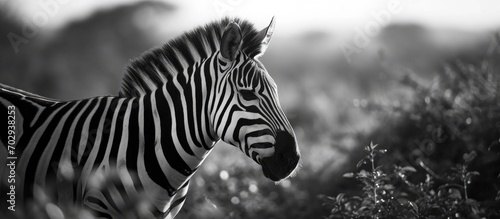 Zebra seen sideways in black and white.