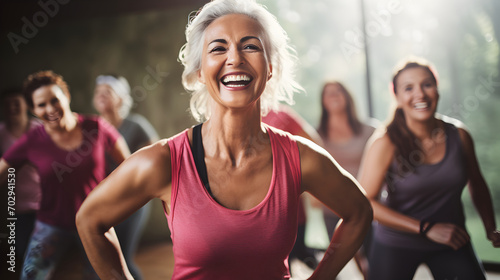Elderly woman enjoys a cheerful dance class, candidly expressing their active lifestyle through Zumba with friends