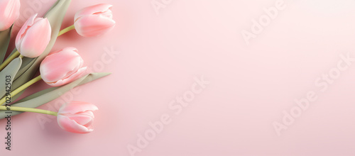 Pink tulip flowers on pastel pink background. Image for a wedding, women's day or mother's day themed greeting card or invitation. Banner with space for text