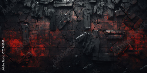 black charred wall with a red fiery glow, brutal chaotic geometry, screensaver, background, banner, wallpaper
