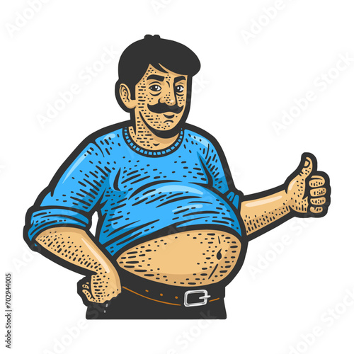 Fat man with beer belly abdominal obesity sketch hand drawn color engraving vector illustration. Scratch board imitation. Black and white hand drawn image.