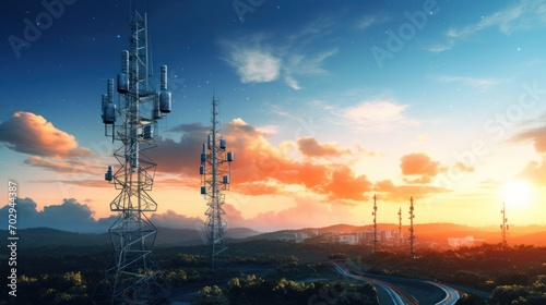 5G base station and satellite radar network communication sunset sky background