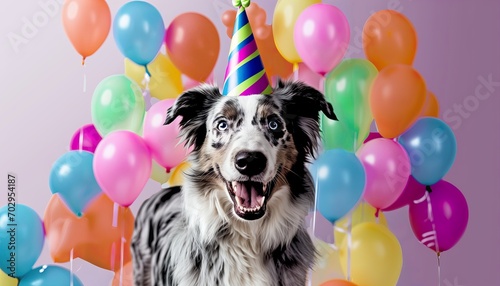 Funny merle Aussie Dog celebrating party birthday or carnival wearing party hat. Party animal concept. Australian shepherd at party wearing party striped hat. Colored vibrant party background