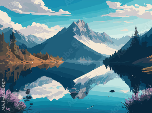 an intricate scene that brings to life the natural beauty of a serene landscape. The interplay of calm water, majestic mountains, clear sky, and fluffy clouds should create a visual narrative 