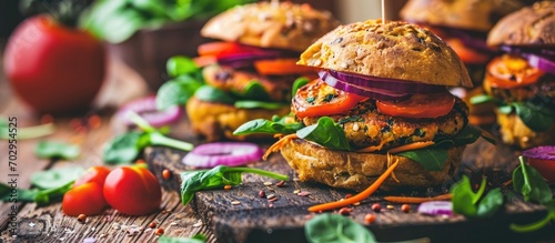 Vegan burger with vegetables and spinach in fritters and pasties.