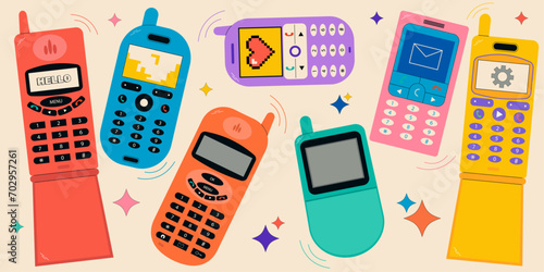 Set of 80s 90s mobile phones in modern style, flat, linear. Hand drawn flat vector illustration.
