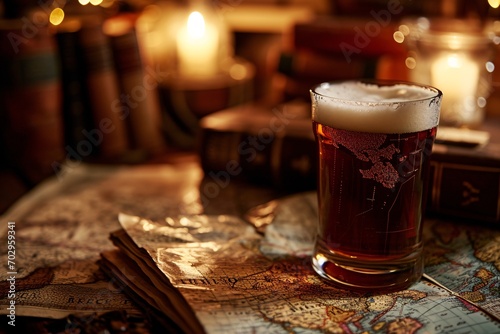  Fantasy beer on the table with old books and scrolls. Magic potion for brave warriors concept. Glass with dark drink. Medieval fantasy tavern. Ireland, Irish vibes 