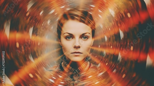 An attractive woman looks at the camera through glass. Digital illustration of a girl surrounded by details. The background has symmetry and octane effects, creating a realistic, detailed look