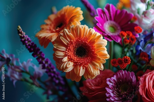 Vibrant petals burst with life as a carefully arranged bouquet of chrysanths, barberton daisies, and gerberas bring a touch of nature to an indoor space