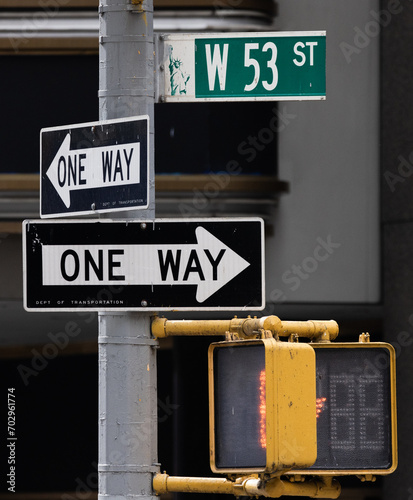 New York, USA: street signs one way and 53rd street