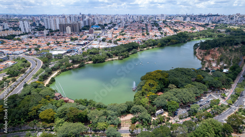 Aerial view of Taquaral park in Campinas, São Paulo. In the background, the neighborhood of Cambui.