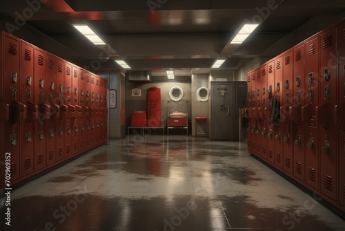 Interior of a locker room with red lockers, 3d render, Locker Room, AI Generated